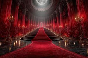 Majestic staircase with red curtains and candlelit ambiance in an ornate hall photo
