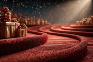 Festive red carpet pathway adorned with gift boxes and warm ambient lighting during a celebration event photo