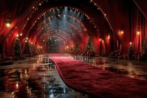 Elegant holiday pathway lined with trees and gifts under soft lighting in festive decor photo