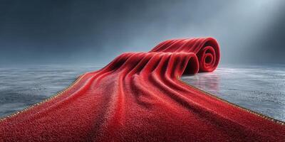 Bright red rolled carpet lies on a smooth surface under dramatic lighting in a minimalist setting showcasing elegance and style photo