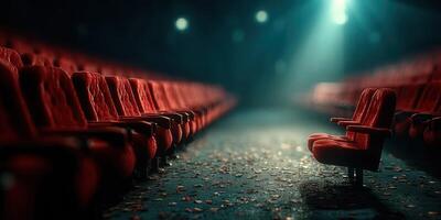 Empty red chairs in a dimly lit theater create a melancholic atmosphere for an upcoming show photo