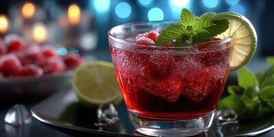 Refreshing raspberry soda with mint and lime served in a glass on a dark table with blurred background lights photo