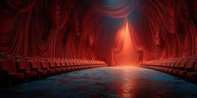 Vibrant red theater space with empty seats and illuminated curtains during a dramatic lighting display photo