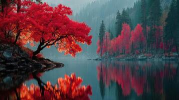 Stunning reflection of vibrant autumn foliage along a tranquil lake at dawn in a mountainous landscape photo
