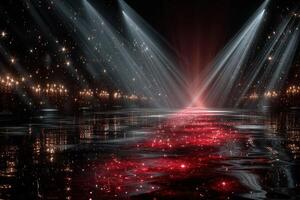 Dramatic lighting illuminates a reflective surface during a nighttime event with sparkles and glowing candles photo