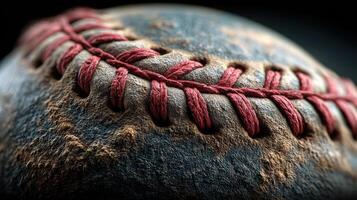 Close look at a weathered baseball highlighting its worn texture and stitching details during a game day photo