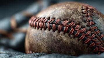 Rustic vintage baseball resting on a dark fabric background, showcasing detailed stitching and aged leather texture, evoking nostalgia for the sport photo