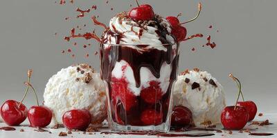 Delicious dessert features chocolate syrup, whipped cream, and cherries in a glass with ice cream and cherry toppings photo