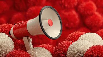 Red megaphone surrounded by pom-pom decorations creating a festive ambiance in a celebration setting photo