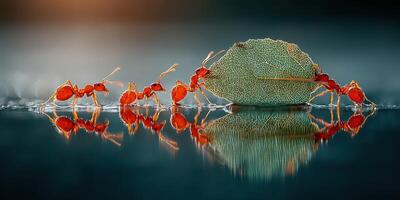 Ants collaborate to transport a large green leaf across a reflective surface in a natural setting during daylight photo