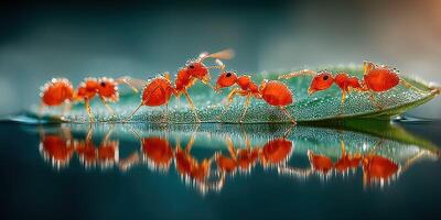 Tiny red ants marching on a green leaf over a water surface during an afternoon in a lush garden photo