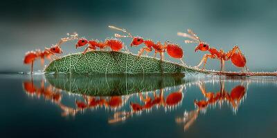 Group of red ants working together on a green leaf during a misty morning in a natural habitat photo