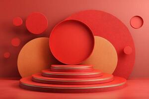 Colorful abstract design featuring red circular shapes and layered platforms in a modern indoor setting photo