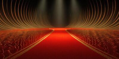 Vibrant red carpet leads to a dazzling stage illuminated by bright lights photo