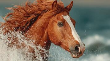 Majestic horse galloping through waves at sunset in a coastal setting photo