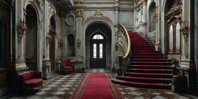 Grand staircase and opulent decor in an elegant historical building during daylight hours photo