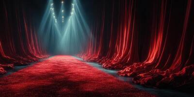 Elegant runway setting with rich red curtains and lights creating a dramatic ambiance for fashion event photo