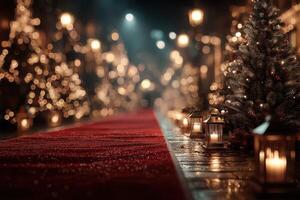 Magical holiday evening with twinkling lights and festive decorations in a charming street setting photo