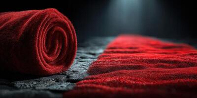 Roll of red fabric placed on dark textured surface under dramatic lighting creates a striking visual effect photo