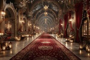 Elegant hallway adorned with festive decorations and glowing lanterns during evening event celebration photo