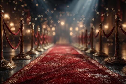 Elegant red carpet pathway with golden stanchions in a grand venue illuminated by soft lights photo
