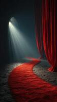 Soft light illuminates a winding red carpet leading towards dark stage curtains in a theatrical setting photo