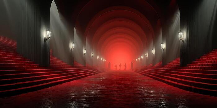 Mysterious underground corridor illuminated by dim red lights with shadowy figures in the distance photo