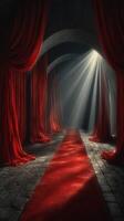 Elegant red carpet leading to an illuminated archway in a dimly lit space with flowing drapery photo