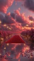 Elegant pathway illuminated by lanterns and lined with pink flowers during a stunning sunset photo