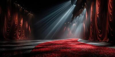 Dramatic stage setting with red carpet and spotlight illuminating empty theater photo