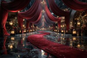 Elegant gala event with a red carpet and lavish decorations in a grand venue at night photo