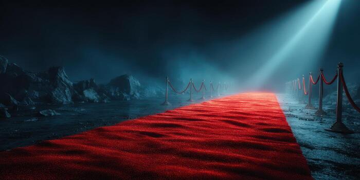 Elegant red carpet leading to an enigmatic destination under mysterious lighting at night photo
