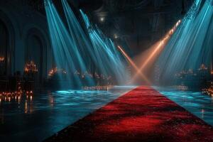 Elegant ballroom illuminated by dramatic lighting and a vibrant red carpet features a mesmerizing atmosphere for special events photo