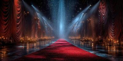 Elegant red carpet runway illuminated by dazzling lights at a lavish event venue during a glamorous evening photo