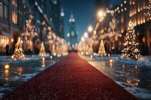 Elegant winter walkway lined with glowing Christmas trees and festive lights during a nighttime celebration in a city photo
