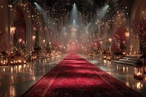 Elegant gala setting with ornate decor and glowing lights ready for a celebratory event in a grand hall photo
