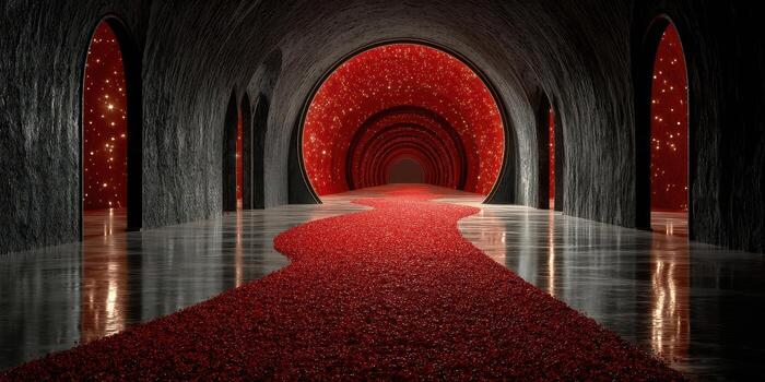 Red pathway flows through modern archway leading to starry bright backdrop in a unique architectural space photo