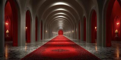 Elegant corridor with red carpet and arches in a grand interior setting during the evening photo