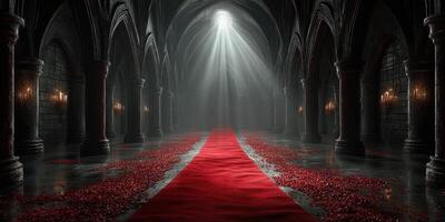 Mysterious medieval hall with a red carpet lined with rose petals and ethereal light streaming from above photo