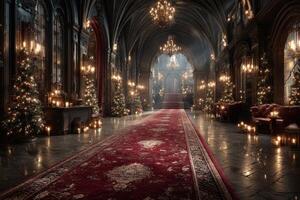 Elegant medieval hall adorned with festive decorations and soft candlelight during a winter evening photo