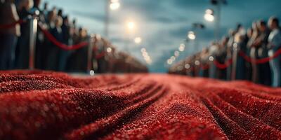 Red carpet event taking place at dusk with numerous spectators lining the walkway and soft lighting illuminating the scene photo