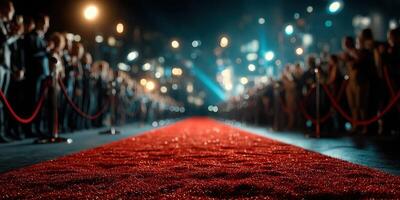 Elegant red carpet event showcasing numerous spectators at night with bright city lights creating a glamorous atmosphere photo
