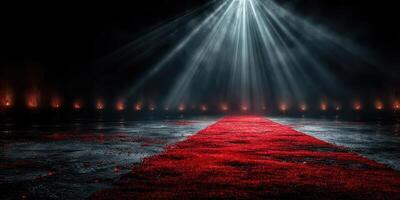 Luxurious red carpet leading to a spotlight in a dark, elegant venue with ambient lighting and reflections photo