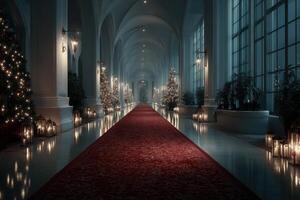 Festive hallway with elegant decorations and soft lighting during the holiday season in a grand venue photo