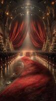 Grand theater stage illuminated with warm lights and red curtains during a festive gala in the evening photo
