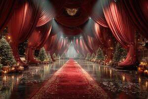 Grand holiday celebration setup in an elegant venue adorned with festive decorations and a vibrant red carpet photo