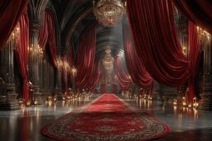 Luxurious interior of an ornate hall with rich red drapes and grand chandeliers creating an elegant atmosphere photo