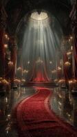 Elegant interior of a grand hall with luxurious red drapes and glowing chandeliers during an evening gathering photo