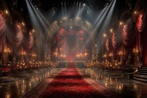 Elegant theater stage adorned with rich drapery and warm candlelight set for a grand performance in the evening photo