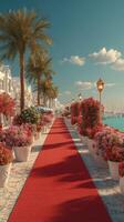 Stunning seaside walkway with red carpet lined by vibrant flowers and palm trees in sunny coastal setting photo